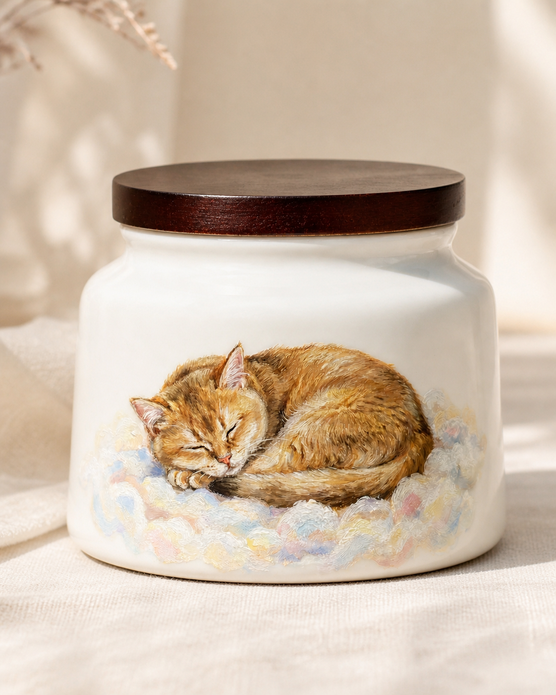 Custom hand-painted pet memorial urn with cat portrait