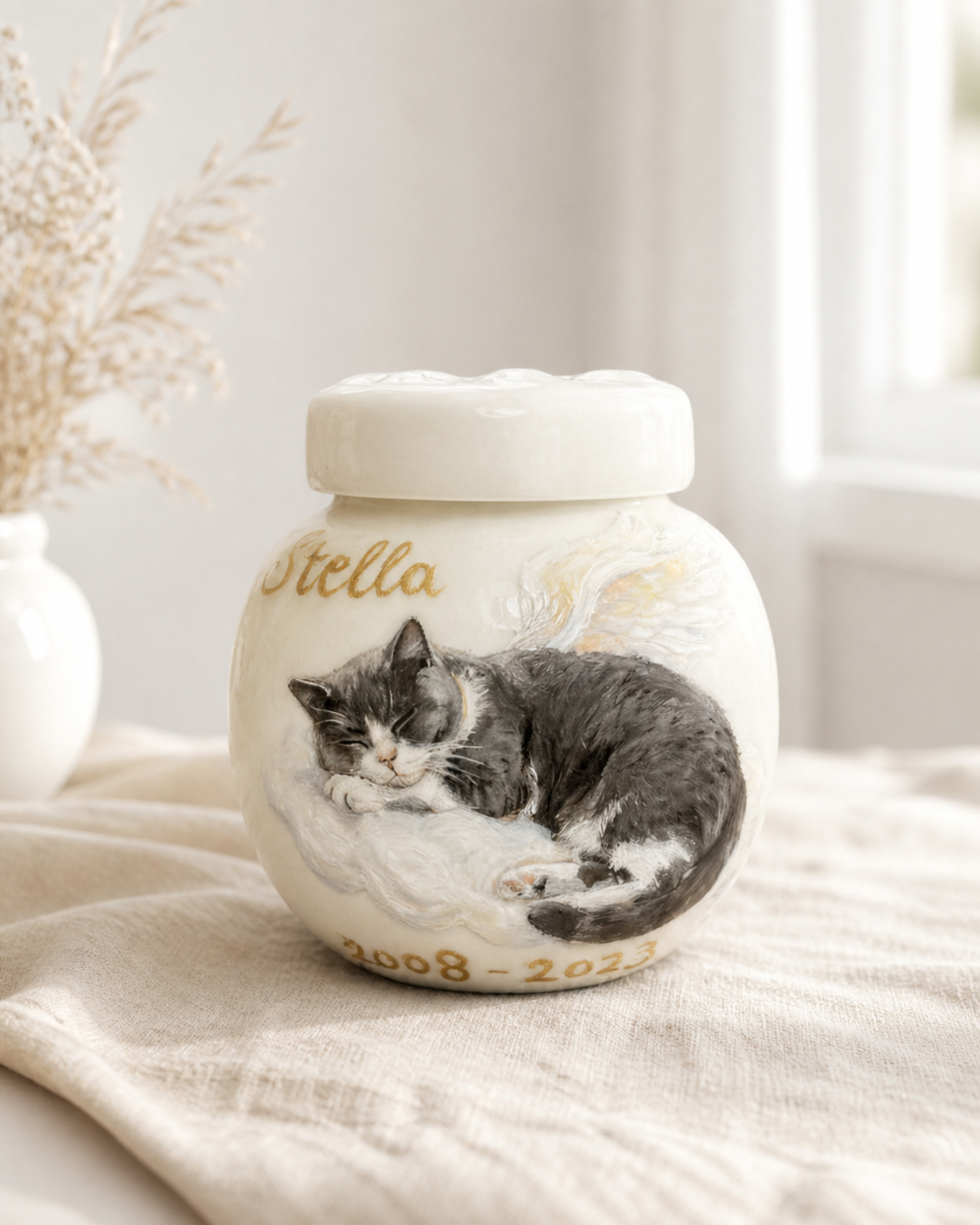 Paw print memorial urn with custom cat portrait