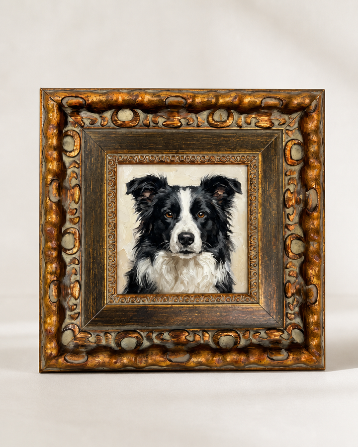 Baroque pet portrait frame with custom dog artwork