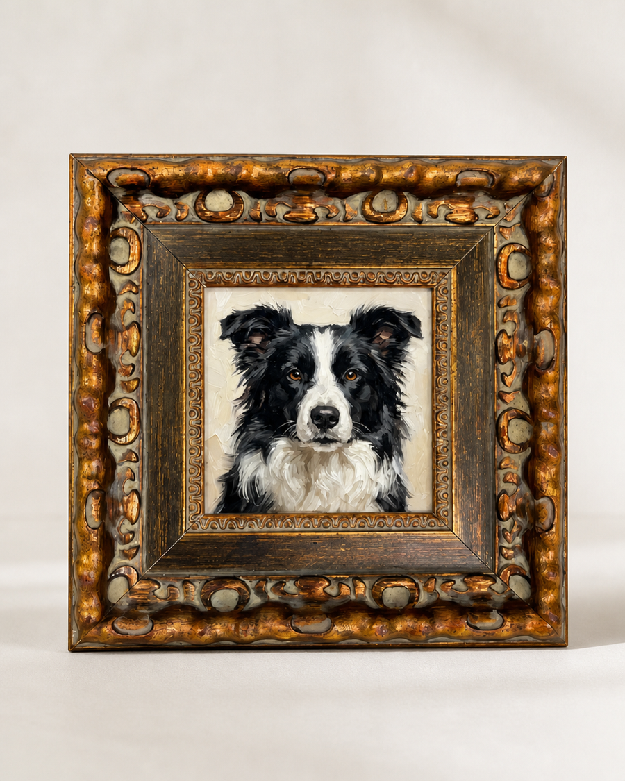 Baroque pet portrait frame with custom dog artwork